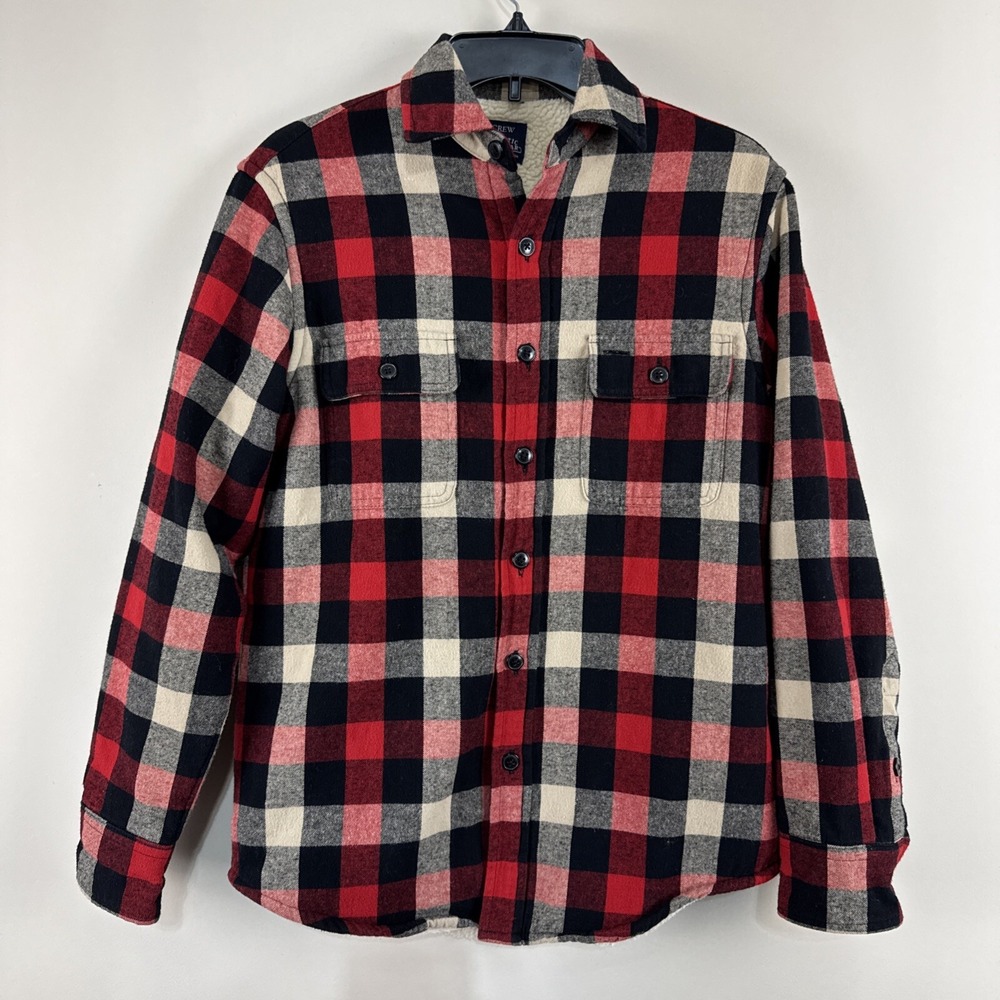 J. Crew Red Black Check Plaid Flannel Primaloft Sherpa Lined shacket #039XS